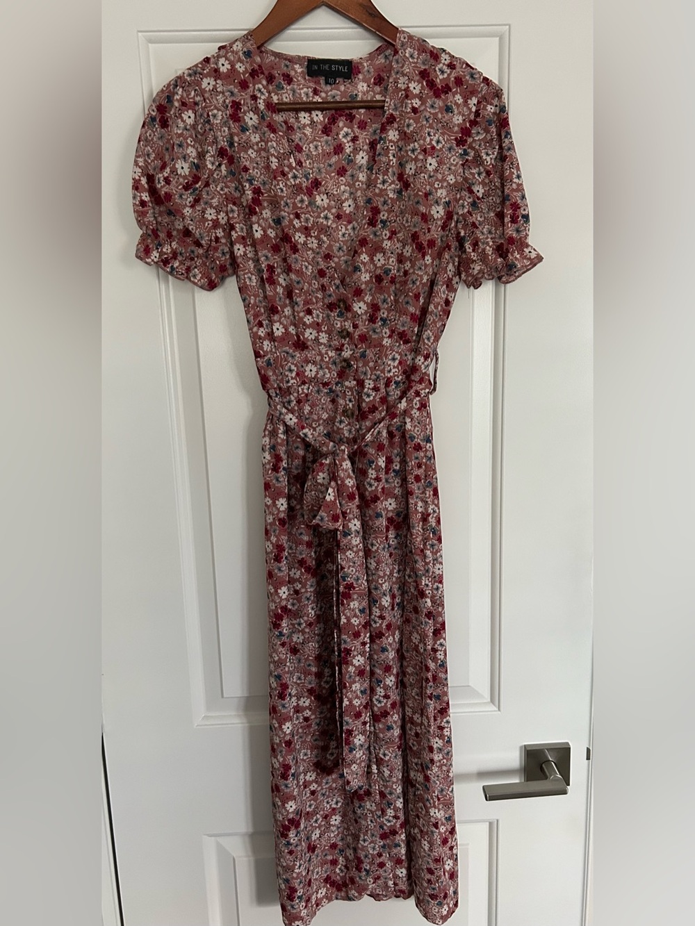 In the Style Floral Maxi Dress Button Front Tie Waist Ruffle Sleeve Mauve sz 6